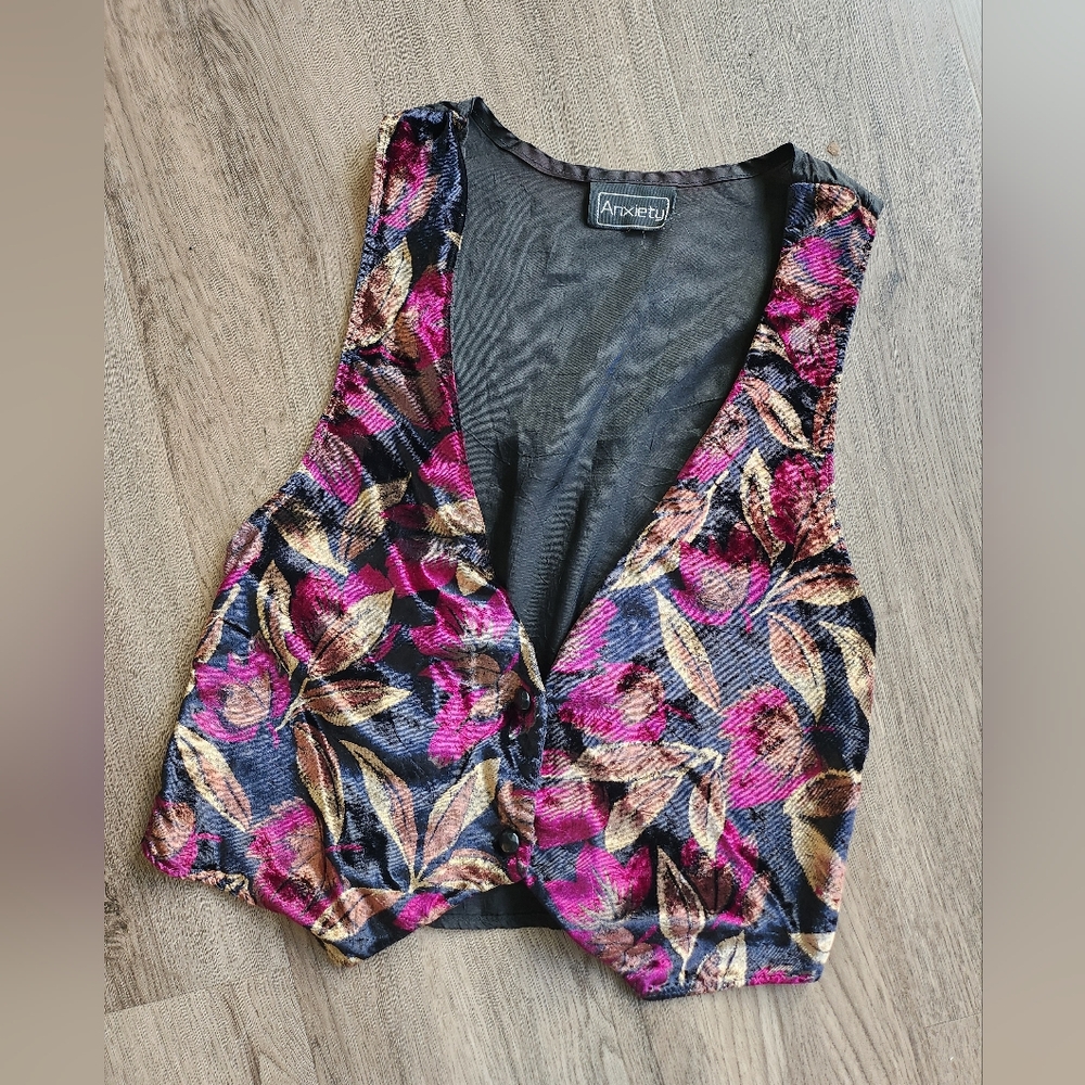 Vintage 90s Anxiety Floral Velvet Vest - Pink and Black